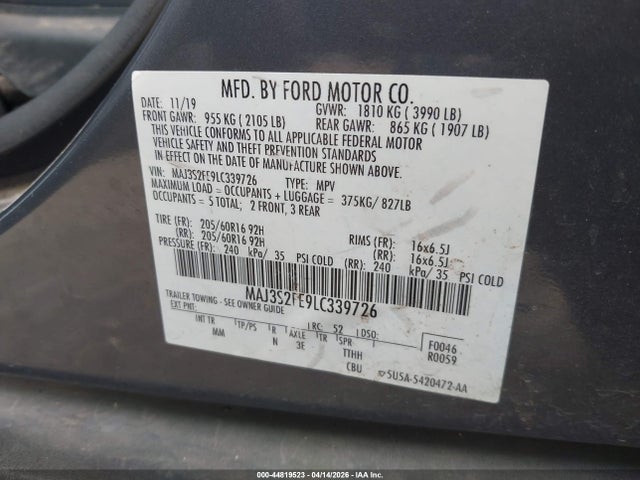 44819523 :رقم المزاد ، MAJ3S2FE9LC339726 vin ، 2020 Ford Ecosport S مزاد بيع