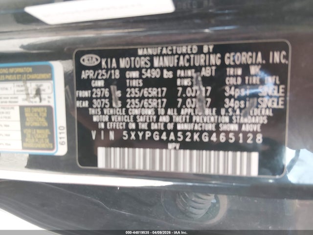 5XYPG4A52KG465128 KIA Sorento 3.3l Lx