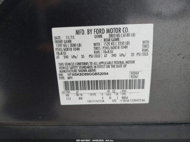 Aukcja sprzedaży 2016 Ford Explorer Xlt, vin: 1FM5K8D89GGB52094, numer aukcji: 44819587