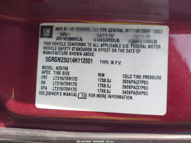 2004 HUMMER H2 5GRGN23U14H112001 Photo 8