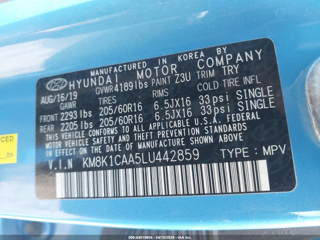 Aukcja sprzedaży 2020 Hyundai Kona Se, vin: KM8K1CAA5LU442859, numer aukcji: 44819604