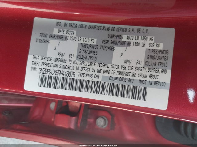 2024 Mazda Mazda3 2.5 S Preferred მანქანა იყიდება აუქციონზე, vin: 3MZBPACM5RM418876, აუქციონის ნომერი: 44819629