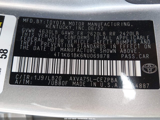 44819648 :رقم المزاد ، 4T1K61BK6NU069878 vin ، 2022 Toyota Camry Xse Awd مزاد بيع