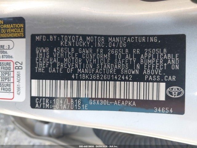 Продажа на аукционе авто 2006 Toyota Avalon Limited, vin: 4T1BK36B26U142442, номер лота: 44819656