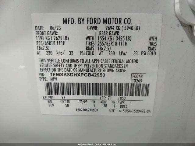 2023 Ford Explorer Xlt მანქანა იყიდება აუქციონზე, vin: 1FMSK8DHXPGB42953, აუქციონის ნომერი: 44819666