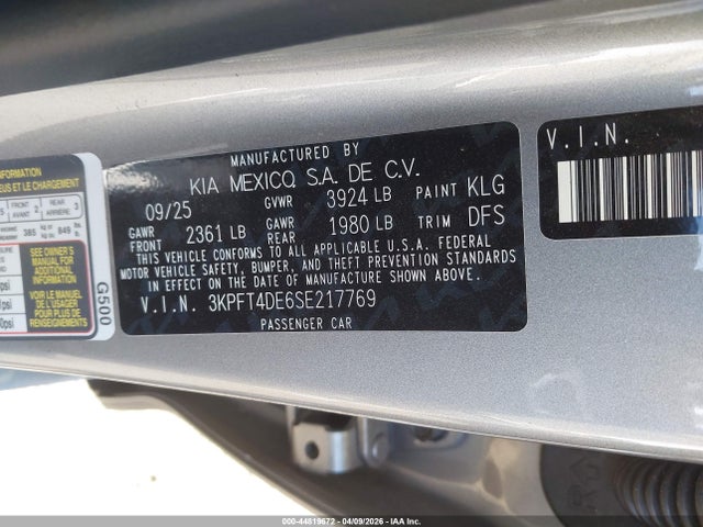 44819672 :رقم المزاد ، 3KPFT4DE6SE217769 vin ، 2025 Kia K4 Lxs مزاد بيع