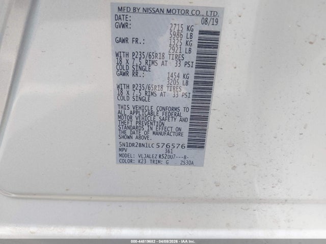 5N1DR2BN1LC576576 Nissan Pathfinder Sv 2wd