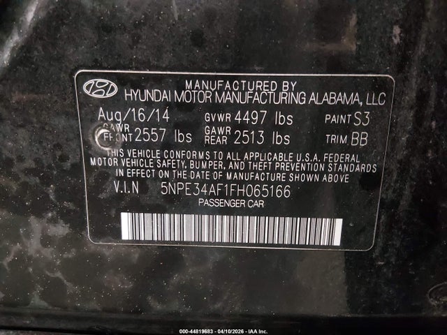 2015 Hyundai Sonata Limited მანქანა იყიდება აუქციონზე, vin: 5NPE34AF1FH065166, აუქციონის ნომერი: 44819683