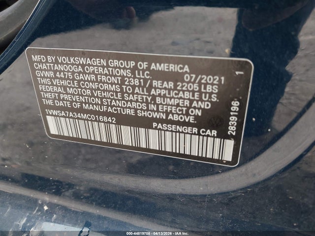 Продаж на аукціоні авто 2021 Volkswagen Passat 2.0t Se, vin: 1VWSA7A34MC016842, номер лоту: 44819708