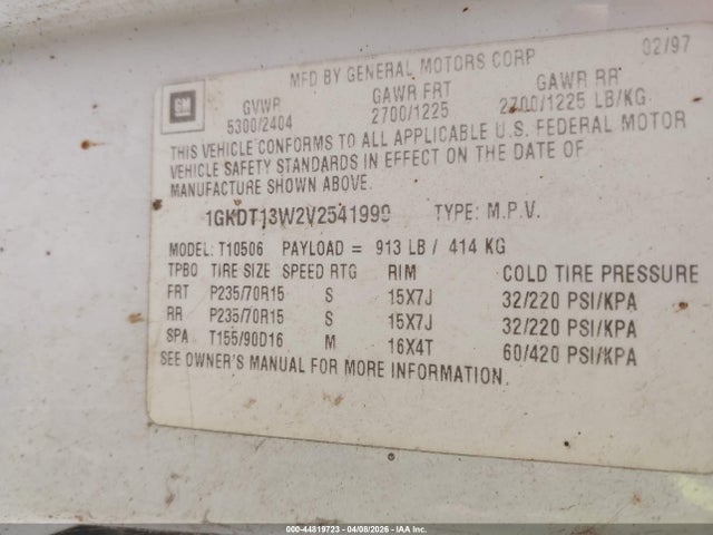 Aukcja sprzedaży 1997 Gmc Jimmy, vin: 1GKDT13W2V2541999, numer aukcji: 44819723