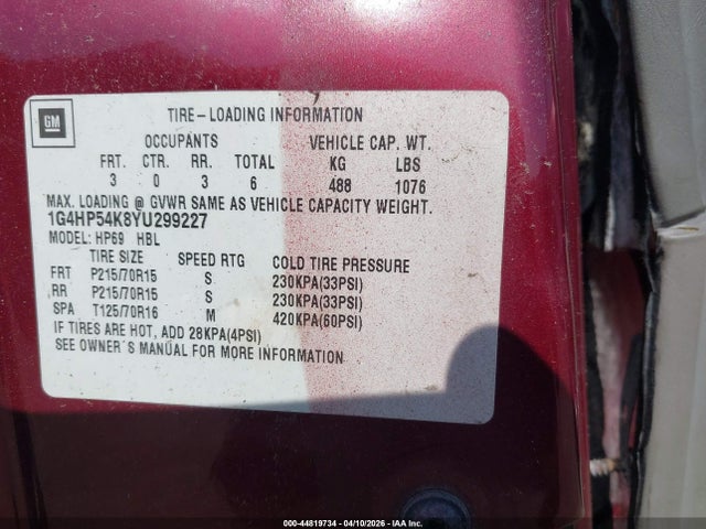 2000 Buick Lesabre Custom მანქანა იყიდება აუქციონზე, vin: 1G4HP54K8YU299227, აუქციონის ნომერი: 44819734