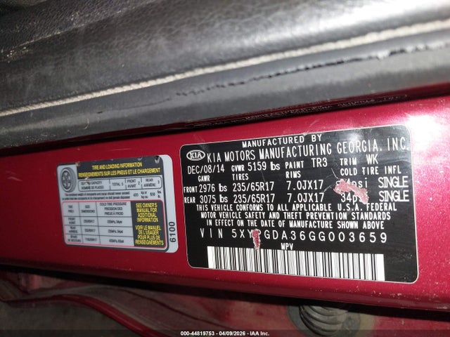 KIA Sorento 2.4l Lx 2016 5XYPGDA36GG003659 Image 9