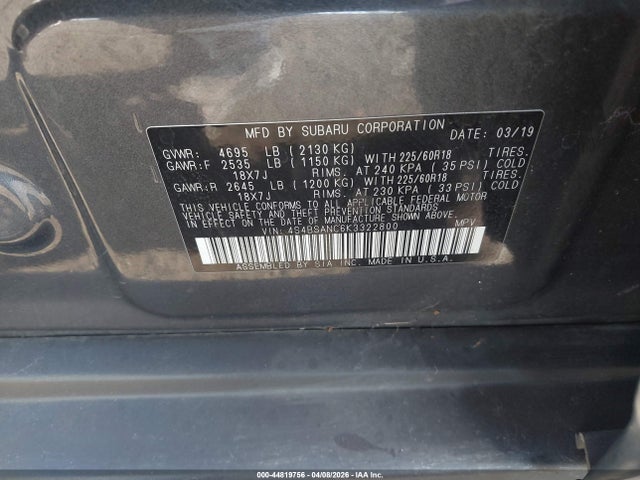 2019 Subaru Outback 2.5i Limited მანქანა იყიდება აუქციონზე, vin: 4S4BSANC6K3322800, აუქციონის ნომერი: 44819756