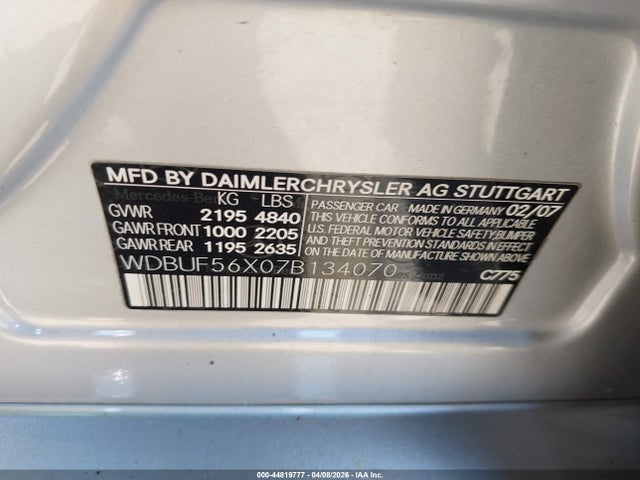 44819777 :رقم المزاد ، WDBUF56X07B134070 vin ، 2007 Mercedes-benz E 350 مزاد بيع