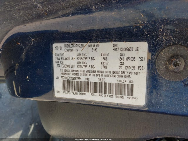 44819803 :رقم المزاد ، 3D7HA18N32G167284 vin ، 2002 Dodge Ram 1500 St مزاد بيع