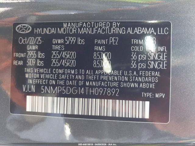 Продаж на аукціоні авто 2026 Hyundai Santa Fe Hybrid Calligraphy, vin: 5NMP5DG14TH097892, номер лоту: 44819819