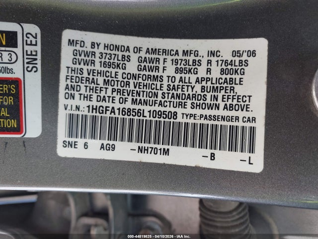 Продаж на аукціоні авто 2006 Honda Civic Ex, vin: 1HGFA16856L109508, номер лоту: 44819825