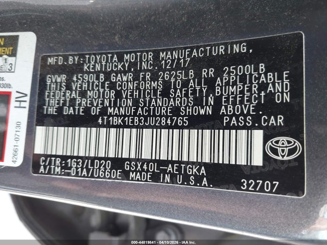 4T1BK1EB3JU284765 Toyota AVALON XLE
