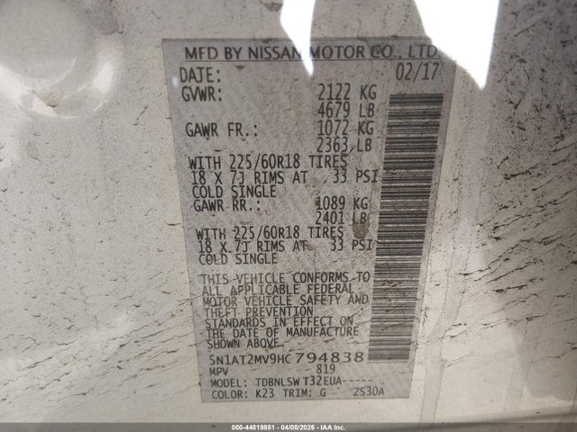 5N1AT2MV9HC794838 Nissan Rogue Sl