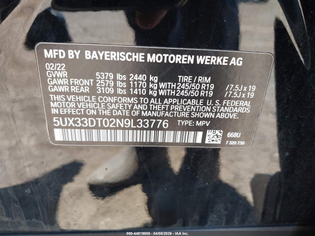 2022 Bmw X4 Xdrive30i მანქანა იყიდება აუქციონზე, vin: 5UX33DT02N9L33776, აუქციონის ნომერი: 44819858