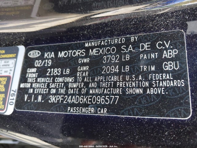 44819864 :رقم المزاد ، 3KPF24AD6KE096577 vin ، 2019 Kia Forte Lxs مزاد بيع