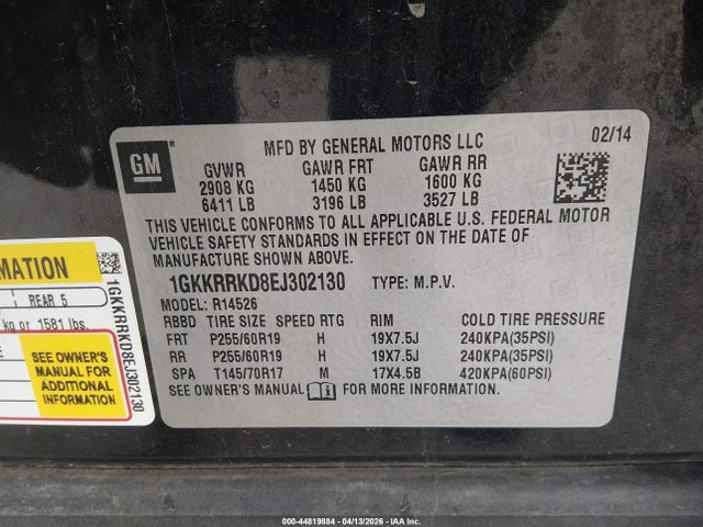 Продаж на аукціоні авто 2014 Gmc Acadia Slt-1, vin: 1GKKRRKD8EJ302130, номер лоту: 44819884