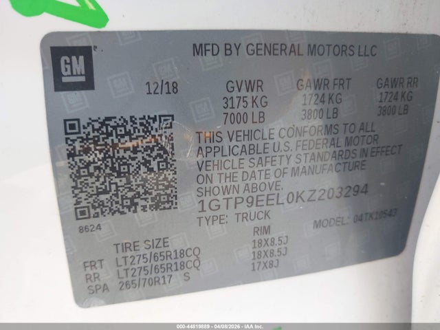 Aukcja sprzedaży 2019 Gmc Sierra 1500 At4, vin: 1GTP9EEL0KZ203294, numer aukcji: 44819889