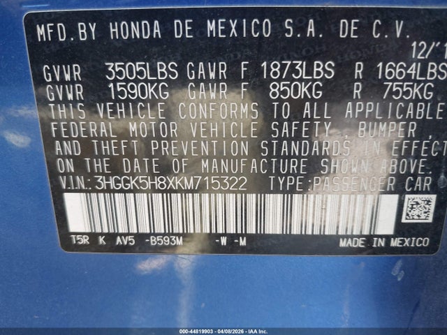 44819903 :رقم المزاد ، 3HGGK5H8XKM715322 vin ، 2019 Honda Fit Ex مزاد بيع