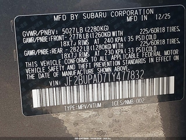 Subaru Outback Premium 2026 JF2BUPAD7TY477832 Image 9