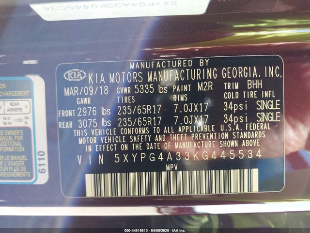 44819910 :رقم المزاد ، 5XYPG4A33KG445534 vin ، 2019 Kia Sorento 2.4l Lx مزاد بيع