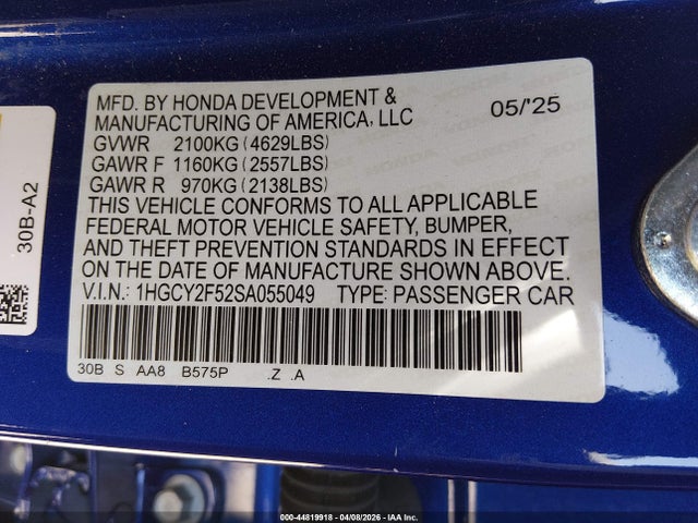 2025 Honda Accord Hybrid Sport მანქანა იყიდება აუქციონზე, vin: 1HGCY2F52SA055049, აუქციონის ნომერი: 44819918