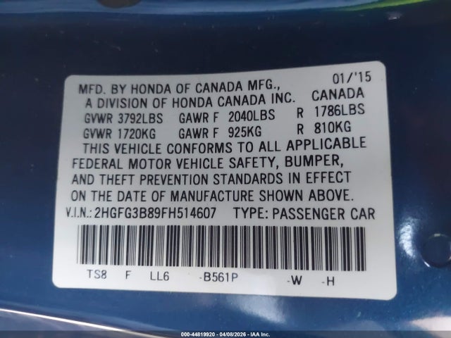 Продажа на аукционе авто 2015 Honda Civic Ex, vin: 2HGFG3B89FH514607, номер лота: 44819920