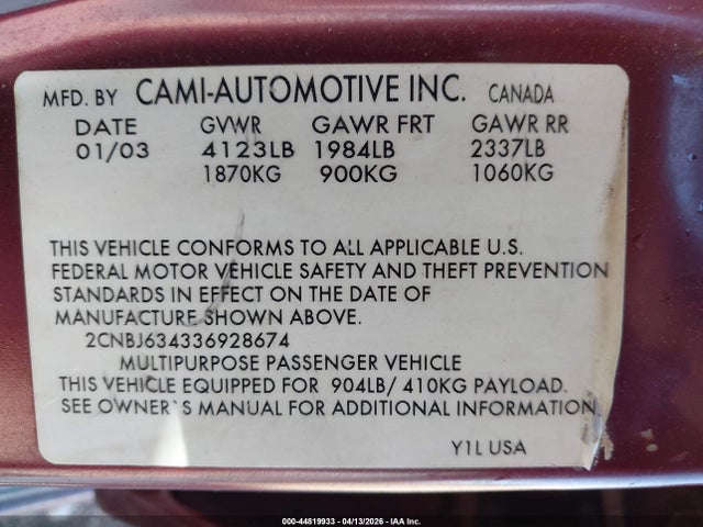 44819933 :رقم المزاد ، 2CNBJ634336928674 vin ، 2003 Chevrolet Tracker Hard Top Lt مزاد بيع