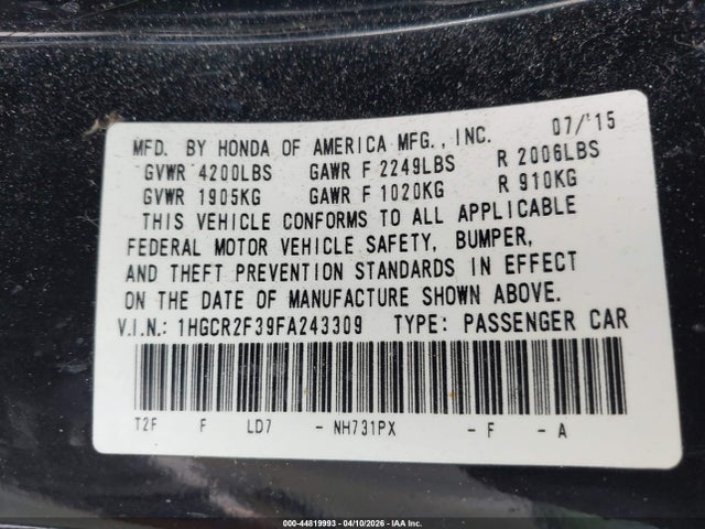 1HGCR2F39FA243309 Honda ACCORD LX