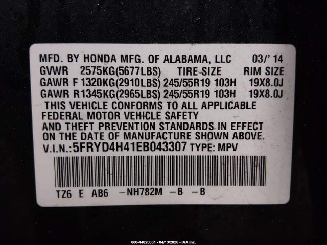 Продаж на аукціоні авто 2014 Acura Mdx Technology Package, vin: 5FRYD4H41EB043307, номер лоту: 44820001
