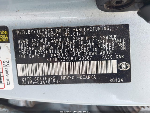 Aukcja sprzedaży 2006 Toyota Camry Le V6, vin: 4T1BF32K06U633067, numer aukcji: 44820006