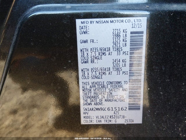Aukcja sprzedaży 2016 Nissan Pathfinder Sv, vin: 5N1AR2MN9GC615162, numer aukcji: 44820009