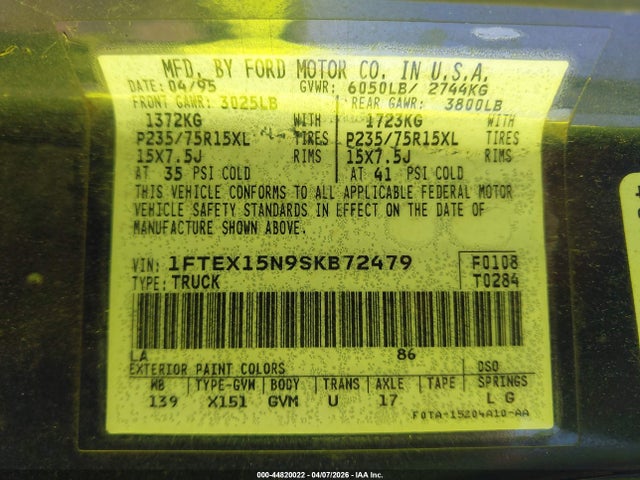 1995 FORD F150 1FTEX15N9SKB72479 Photo 8