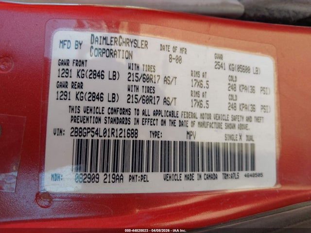 Aukcja sprzedaży 2001 Dodge Grand Caravan Es, vin: 2B8GP54L01R121688, numer aukcji: 44820023