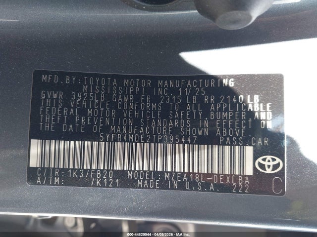 Aukcja sprzedaży 2026 Toyota Corolla Le, vin: 5YFB4MDE2TP395447, numer aukcji: 44820044
