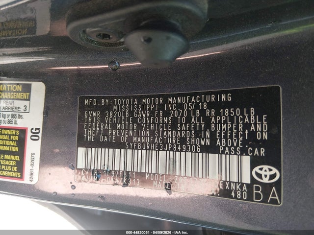 2018 Toyota Corolla Le მანქანა იყიდება აუქციონზე, vin: 5YFBURHE3JP849306, აუქციონის ნომერი: 44820051