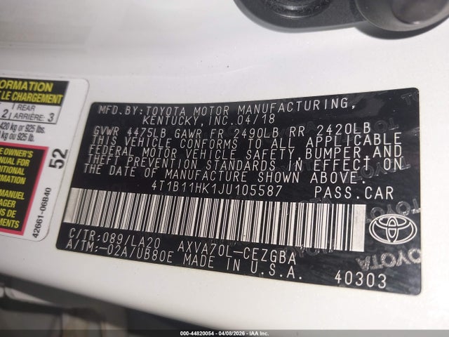 4T1B11HK1JU105587 Toyota CAMRY XLE