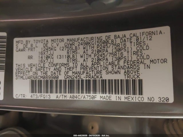 44820059 :رقم المزاد ، 3TMLU4EN8CM089900 vin ، 2012 Toyota Tacoma Base V6 مزاد بيع