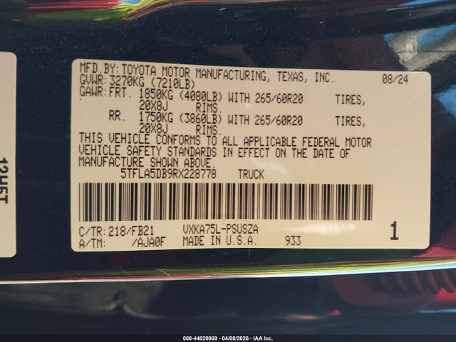 Продаж на аукціоні авто 2024 Toyota Tundra Sr5, vin: 5TFLA5DB9RX228778, номер лоту: 44820069