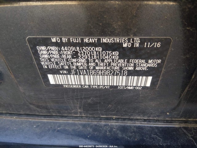 Продаж на аукціоні авто 2017 Subaru Wrx, vin: JF1VA1B69H9827518, номер лоту: 44820073