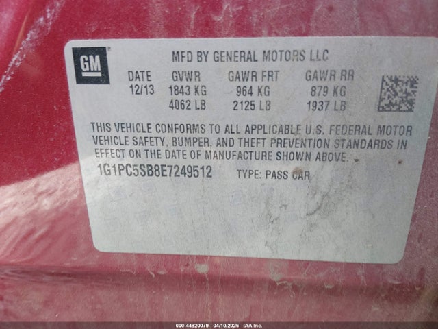 44820079 :رقم المزاد ، 1G1PC5SB8E7249512 vin ، 2014 Chevrolet Cruze 1lt Auto مزاد بيع