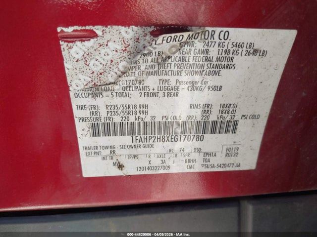 Ford TAURUS SEL 2014 1FAHP2H8XEG170780 Image 9