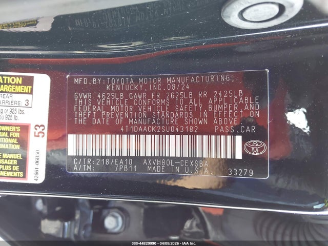 44820090 :رقم المزاد ، 4T1DAACK2SU043182 vin ، 2025 Toyota Camry Se مزاد بيع