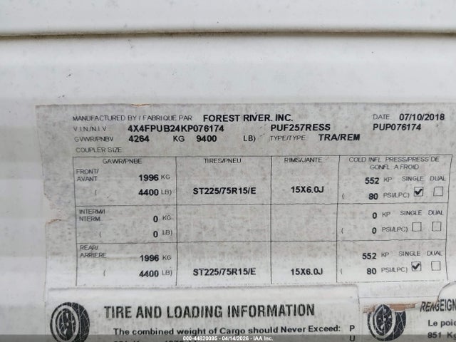 44820095 :رقم المزاد ، 4X4FPUB24KP076174 vin ، 2019 Forest River Other مزاد بيع
