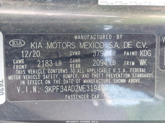 44820101 :رقم المزاد ، 3KPF34AD2ME319407 vin ، 2021 Kia Forte Gt-line مزاد بيع